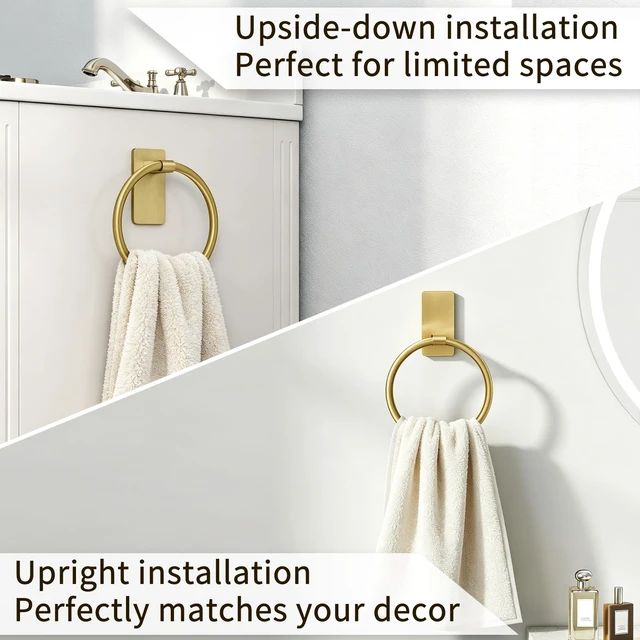Alt view image 3 of 6 - Gold Towel Ring for Bathroom, Adhesive Hand Towel Holder for Bathroom, Kitchen, No Drill