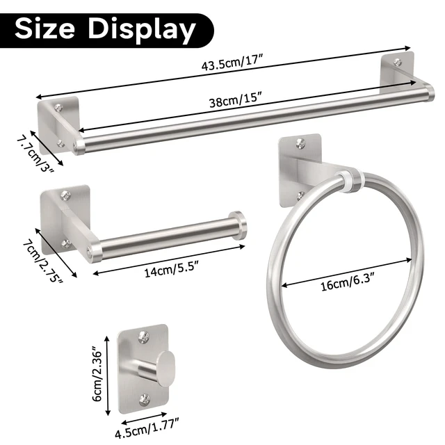Alt view image 6 of 7 - Brushed Nickel Bathroom Accessories Set, 4 PCS Bathroom Hardware Set 16 inch Towel Bar, Towel Racks for Bathroom, Robe Towel Hooks, Toilet Paper Holder Wall Mounted