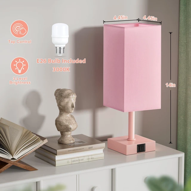 Alt view image 2 of 6 - Touch Table Lamp for Bedroom - Dimmable, USB C+A, Pink Lamphade Pink Base 3-Way Dimmable, 3000K LED Bulb Included, Square Lampshade, Cute Room Decor for Teen Girls, Kids, Small Lamp for Dorm, Nursery