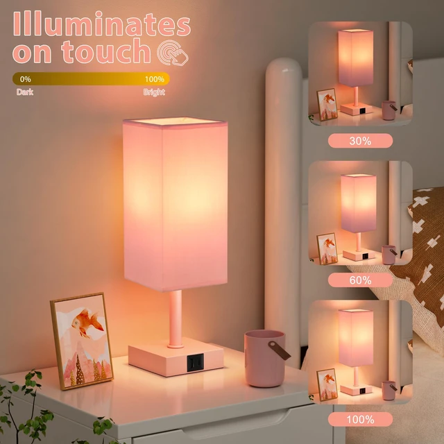 Alt view image 4 of 6 - Touch Table Lamp for Bedroom - Dimmable, USB C+A, Pink Lamphade Pink Base 3-Way Dimmable, 3000K LED Bulb Included, Square Lampshade, Cute Room Decor for Teen Girls, Kids, Small Lamp for Dorm, Nursery