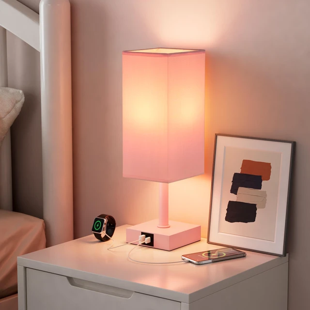Alt view image 5 of 6 - Touch Table Lamp for Bedroom - Dimmable, USB C+A, Pink Lamphade Pink Base 3-Way Dimmable, 3000K LED Bulb Included, Square Lampshade, Cute Room Decor for Teen Girls, Kids, Small Lamp for Dorm, Nursery