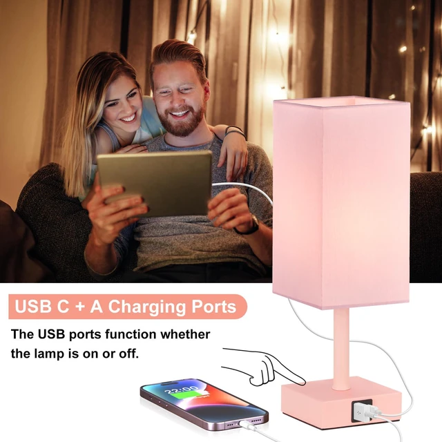 Alt view image 3 of 6 - Touch Table Lamp for Bedroom - Dimmable, USB C+A, Pink Lamphade Pink Base 3-Way Dimmable, 3000K LED Bulb Included, Square Lampshade, Cute Room Decor for Teen Girls, Kids, Small Lamp for Dorm, Nursery