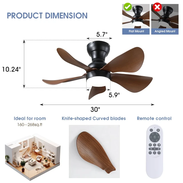 Alt view image 2 of 7 - 30" Small Brown Low Profile Ceiling Fans with Lights and Remote Super Large Airflow with 6 Wind Speeds, Reversible, Dimmable 3 CCT LED, 30W Noiseless DC Motor,Timer, for Bedroom Kitchen