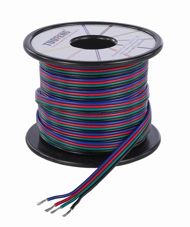 Main image of 22 AWG 4 Pin RGB Extension Cable, Flat 4 Conductor PVC Wire, 40 ft 22 AWG, 4-core parallel structure, with black/green/red/blue colors for easy wiring identification