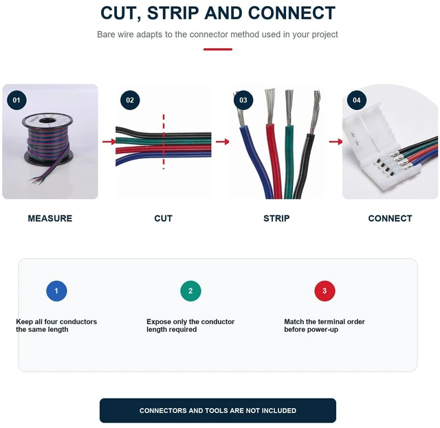 Alt view image 5 of 7 - 22 AWG 4 Pin RGB Extension Cable, Flat 4 Conductor PVC Wire, 40 ft 22 AWG, 4-core parallel structure, with black/green/red/blue colors for easy wiring identification