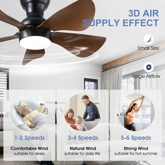 Alt view image 6 of 7 - 30" Small Brown Low Profile Ceiling Fans with Lights and Remote Super Large Airflow with 6 Wind Speeds, Reversible, Dimmable 3 CCT LED, 30W Noiseless DC Motor,Timer, for Bedroom Kitchen