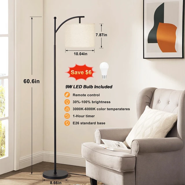 Alt view image 2 of 7 - 60" Floor Lamp with Remote and Stepless Dimmable Bulb, Deep Beige Shade Colors Temperature and Brightness Adjustable, Foot Switch, Remote Control, Black Pole, Modern Floor Lamp for Living Room
