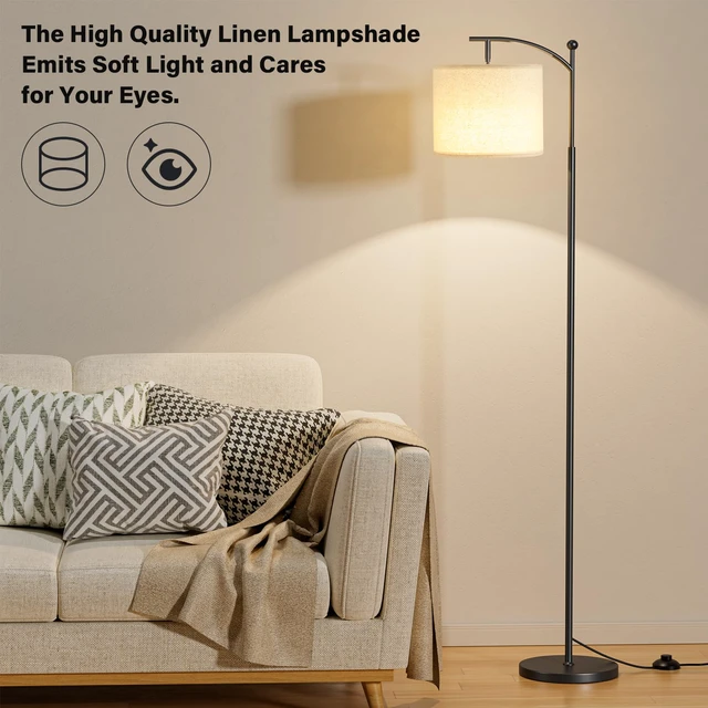 Alt view image 6 of 7 - 60" Floor Lamp with Remote and Stepless Dimmable Bulb, Deep Beige Shade Colors Temperature and Brightness Adjustable, Foot Switch, Remote Control, Black Pole, Modern Floor Lamp for Living Room
