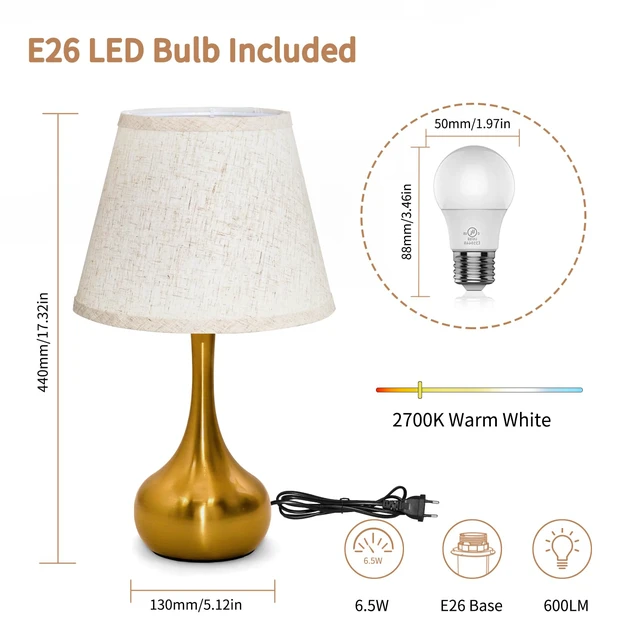 Alt view image 2 of 2 - Touch Table Lamp for Bedroom, 3-Way Dimmable Gold Bedside Lamps for Nightstand with Fabric Shade,17.32'' Desk Lamp for Kids Reading, Home Office