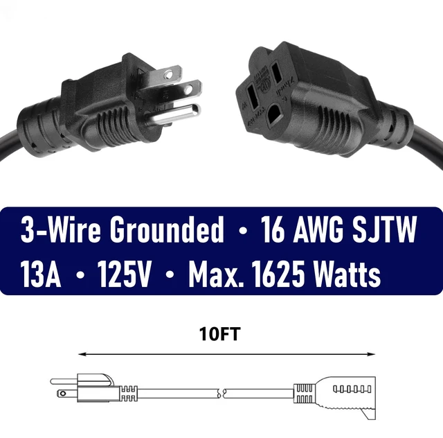 Alt view image 2 of 6 - 2 Pack 10FT Black Heavy Duty 3 Prong 16AWG SJTW ETL Cord Indoor Outdoor NEMA 5-15P to NEMA 5-15R, Indoor and Outdoor Use, ETL Listed