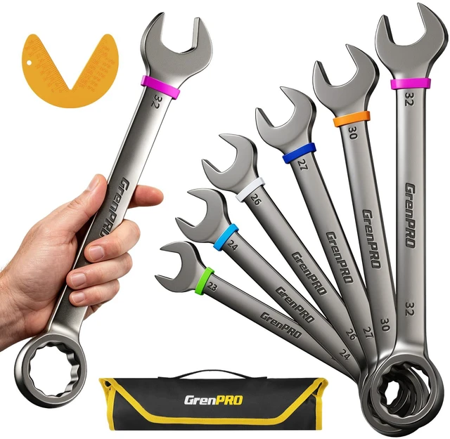 Main image of 23-32MM Large Metric Wrench Set, Combination Open End Wrench Sets Long Wrench Tool set, 15-Degree Offset, 12-Point Box-End & Roll-Up Pouch With Gauge, Nickel plated CR-V, Convenient Storage