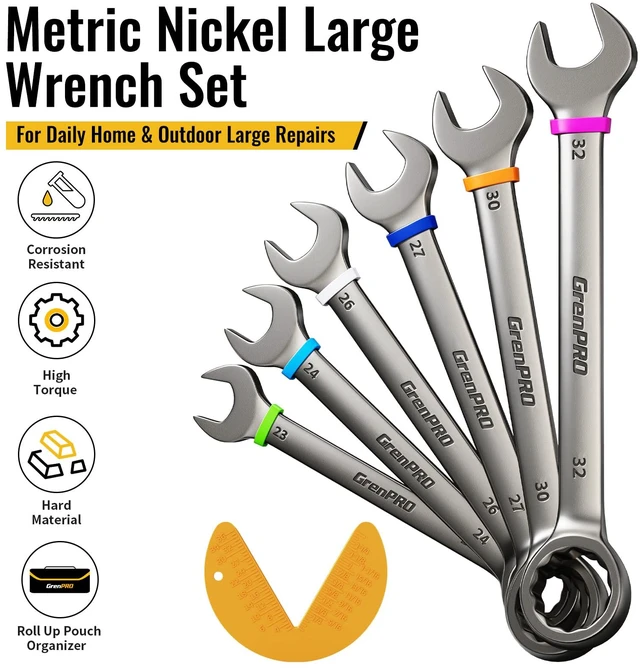 Alt view image 2 of 7 - 23-32MM Large Metric Wrench Set, Combination Open End Wrench Sets Long Wrench Tool set, 15-Degree Offset, 12-Point Box-End & Roll-Up Pouch With Gauge, Nickel plated CR-V, Convenient Storage