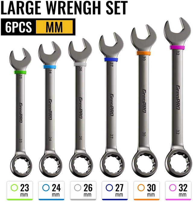 Alt view image 3 of 7 - 23-32MM Large Metric Wrench Set, Combination Open End Wrench Sets Long Wrench Tool set, 15-Degree Offset, 12-Point Box-End & Roll-Up Pouch With Gauge, Nickel plated CR-V, Convenient Storage