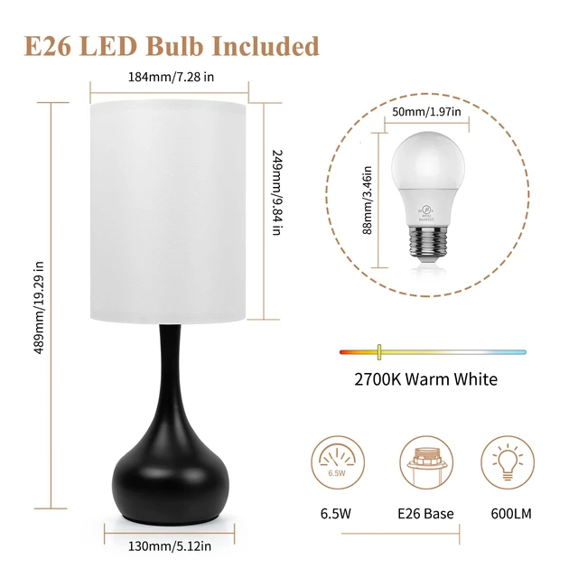 Alt view image 6 of 6 - Touch Bedside Lamp for Bedroom, 3-Way Dimmable Table Lamps for Nightstand, White Fabric Shade Desk Lamp for Kids Reading, Living Room, Home Office