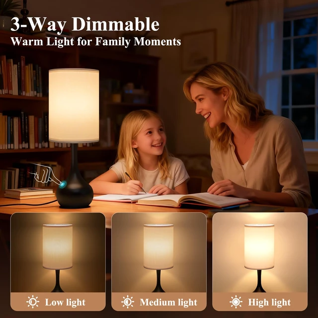 Alt view image 2 of 6 - Touch Bedside Lamp for Bedroom, 3-Way Dimmable Table Lamps for Nightstand, White Fabric Shade Desk Lamp for Kids Reading, Living Room, Home Office