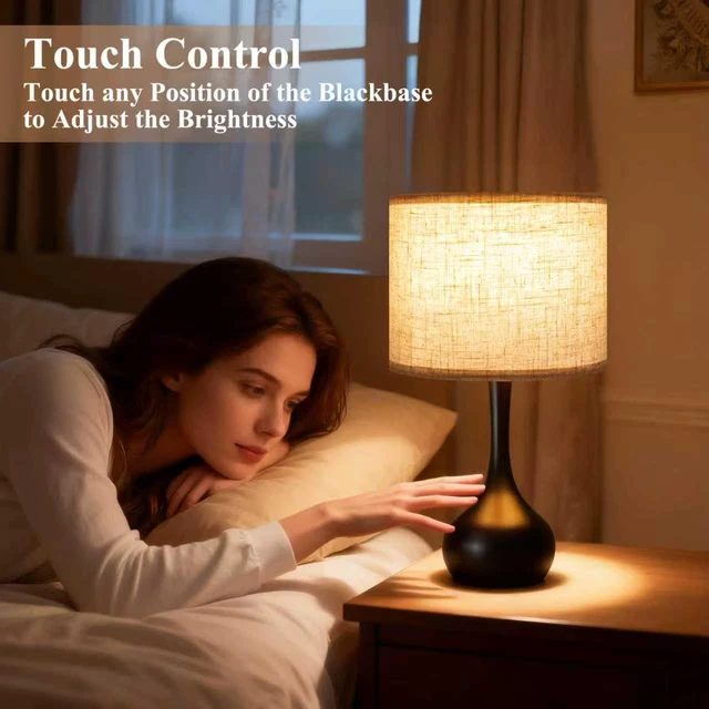 Alt view image 3 of 7 - Touch Bedside Lamp for Bedroom, 3-Way Dimmable Table Lamps for Nightstand with Cylindrical Fabric Shade, Desk Lamp for Living Room, End Tables, Home Office