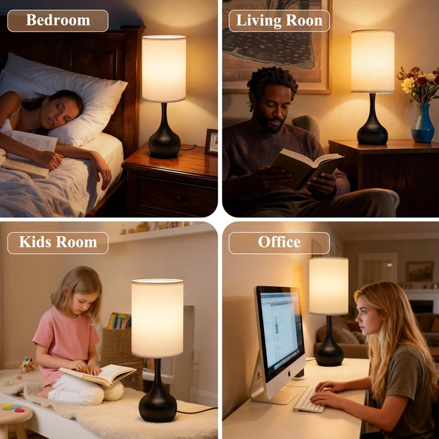 Alt view image 5 of 6 - Touch Bedside Lamp for Bedroom, 3-Way Dimmable Table Lamps for Nightstand, White Fabric Shade Desk Lamp for Kids Reading, Living Room, Home Office