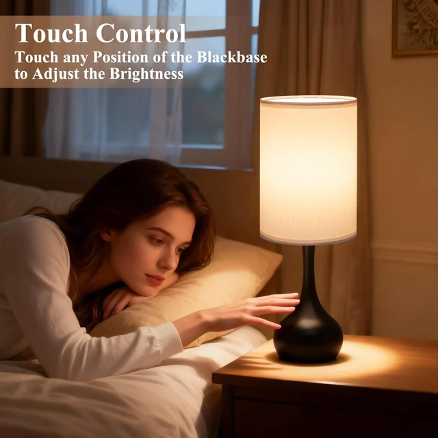 Alt view image 3 of 6 - Touch Bedside Lamp for Bedroom, 3-Way Dimmable Table Lamps for Nightstand, White Fabric Shade Desk Lamp for Kids Reading, Living Room, Home Office