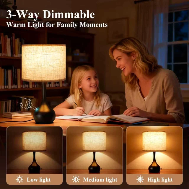 Alt view image 2 of 7 - Touch Bedside Lamp for Bedroom, 3-Way Dimmable Table Lamps for Nightstand with Cylindrical Fabric Shade, Desk Lamp for Living Room, End Tables, Home Office