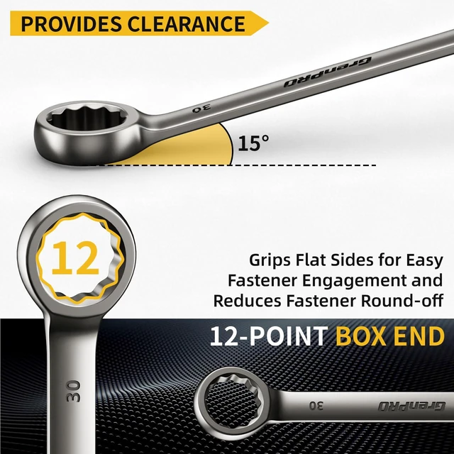 Alt view image 4 of 7 - 23-32MM Large Metric Wrench Set, Combination Open End Wrench Sets Long Wrench Tool set, 15-Degree Offset, 12-Point Box-End & Roll-Up Pouch With Gauge, Nickel plated CR-V, Convenient Storage
