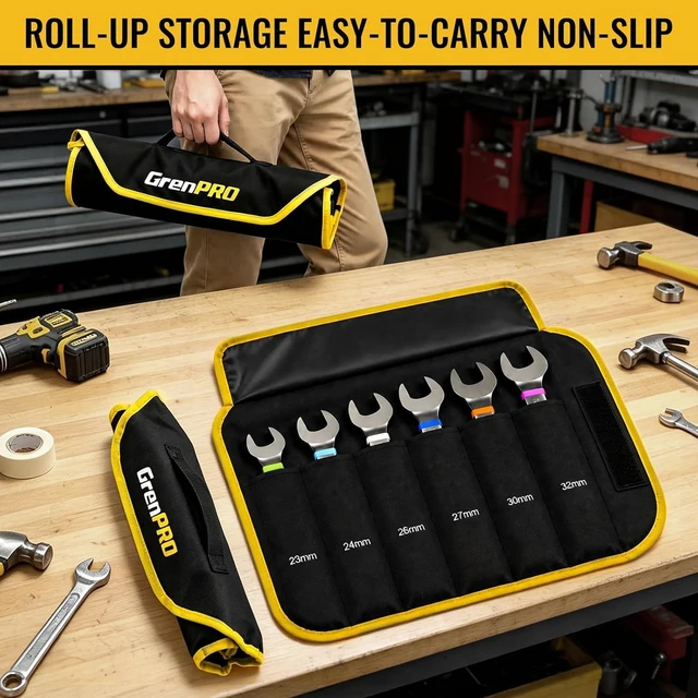 Alt view image 6 of 7 - 23-32MM Large Metric Wrench Set, Combination Open End Wrench Sets Long Wrench Tool set, 15-Degree Offset, 12-Point Box-End & Roll-Up Pouch With Gauge, Nickel plated CR-V, Convenient Storage