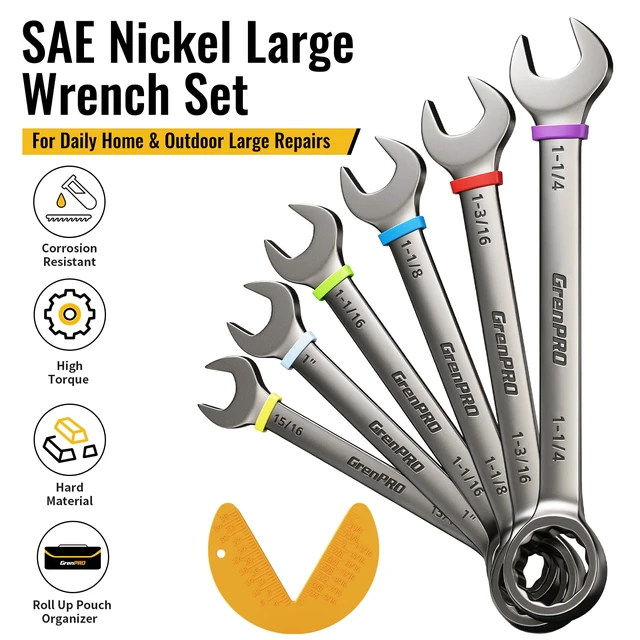 Alt view image 2 of 7 - 15/16"-1-1/4" Large SAE Wrench Set, Combination Open End Tool Sets Long Wrench Tool Set, 15-Degree Offset, 12-Point Box-End & Roll-Up Pouch With Gauge, Nickel Plated CR-V, Convenient Storage
