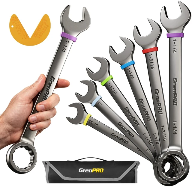 Main image of 15/16"-1-1/4" Large SAE Wrench Set, Combination Open End Tool Sets Long Wrench Tool Set, 15-Degree Offset, 12-Point Box-End & Roll-Up Pouch With Gauge, Nickel Plated CR-V, Convenient Storage