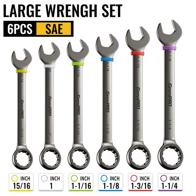 Alt view image 3 of 7 - 15/16"-1-1/4" Large SAE Wrench Set, Combination Open End Tool Sets Long Wrench Tool Set, 15-Degree Offset, 12-Point Box-End & Roll-Up Pouch With Gauge, Nickel Plated CR-V, Convenient Storage