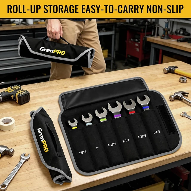 Alt view image 6 of 7 - 15/16"-1-1/4" Large SAE Wrench Set, Combination Open End Tool Sets Long Wrench Tool Set, 15-Degree Offset, 12-Point Box-End & Roll-Up Pouch With Gauge, Nickel Plated CR-V, Convenient Storage