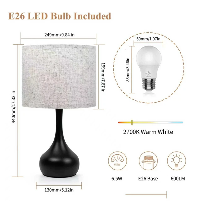 Alt view image 7 of 7 - Touch Bedside Lamp for Bedroom, 3-Way Dimmable Table Lamps for Nightstand with Cylindrical Fabric Shade, Desk Lamp for Living Room, End Tables, Home Office