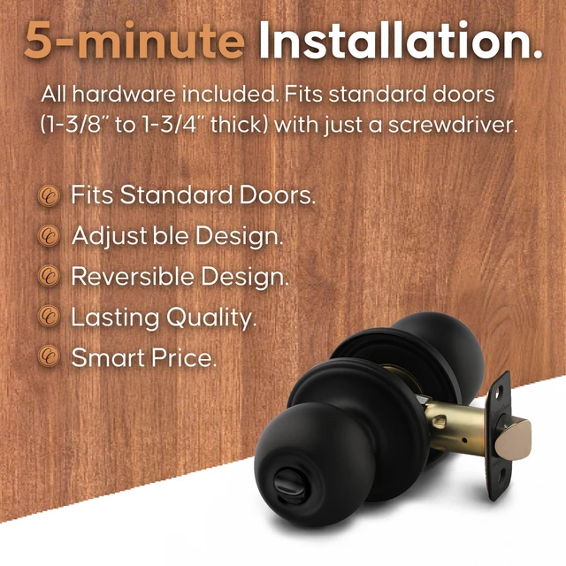 Alt view image 3 of 7 - Privacy Interior Door Knob ANSI Grade-3 Certified, Modern Heavy Duty Handle, Easy Install and Reversible for Bedroom, Bathroom and Closets Matte Black (1 Pack)