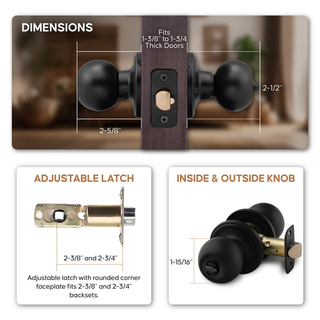 Alt view image 4 of 7 - Privacy Interior Door Knob ANSI Grade-3 Certified, Modern Heavy Duty Handle, Easy Install and Reversible for Bedroom, Bathroom and Closets Matte Black (1 Pack)