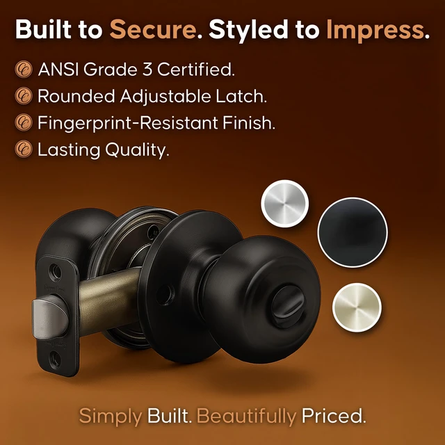 Alt view image 5 of 7 - Privacy Interior Door Knob ANSI Grade-3 Certified, Modern Heavy Duty Handle, Easy Install and Reversible for Bedroom, Bathroom and Closets Matte Black (1 Pack)