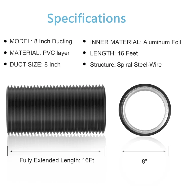 Alt view image 6 of 7 - 8 inch 16 FT Long Air Ducting, Heavy-Duty Four-Layer Protection Dryer Vent Hose for Heating Cooling Ventilation and Exhaust-with 2 Clamps, Black