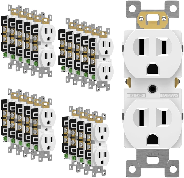 Main image of 20 Pack Duplex Wall Outlet, 15 Amp Electrical Receptacle, White 15A 125V, self-grounding, 2-Pole, 3-Wire, shallow body design, UL Listed, Residential Grade, wide compatibility