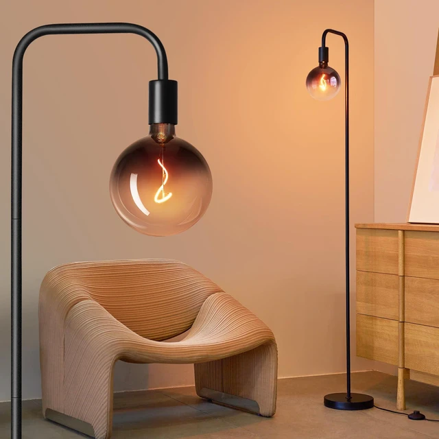 Main image of Floor Lamp for Living Room - Minimalist Industrial Standing Lamp with Modern LED Bulb, Globe Black Clear Glass 6", 1800K Warm Ambiant Lighting Decorative Tall Floor Lamp for Bedroom Office