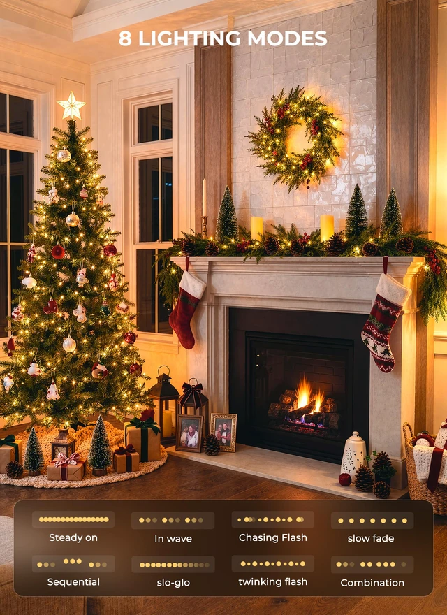 Alt view image 5 of 7 - LED Christmas Lights Indoor Outdoor, 99FT 300 Count Mini String Lights 8 Lighting Modes, Connectable, Warm White Christmas Tree Lights, Christmas Decorations for Railing, Garland, Roof, House