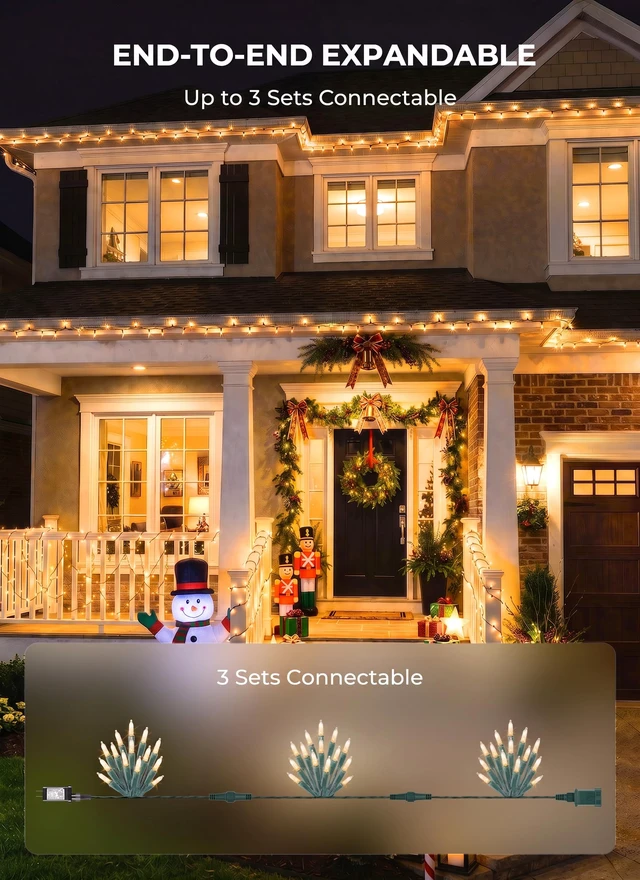 Alt view image 6 of 7 - LED Christmas Lights Indoor Outdoor, 99FT 300 Count Mini String Lights 8 Lighting Modes, Connectable, Warm White Christmas Tree Lights, Christmas Decorations for Railing, Garland, Roof, House