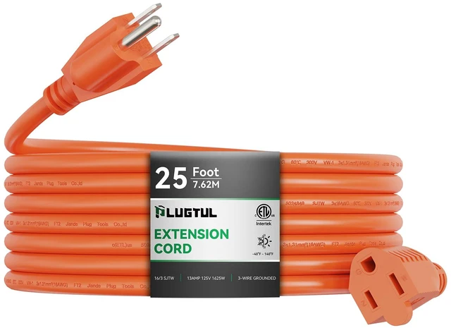 Main image of Outdoor Extension Cord 25 FT | 16/3 Gauge Heavy Duty 3 Prong Extension Cord, 13A 1625W SJTW, ETL Listed, Great for Garden and Home, Orange