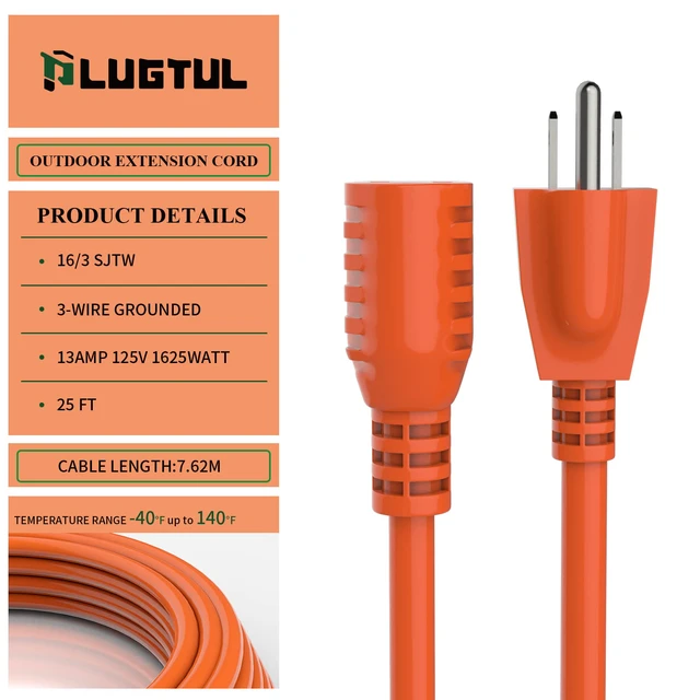 Alt view image 2 of 6 - Outdoor Extension Cord 25 FT | 16/3 Gauge Heavy Duty 3 Prong Extension Cord, 13A 1625W SJTW, ETL Listed, Great for Garden and Home, Orange