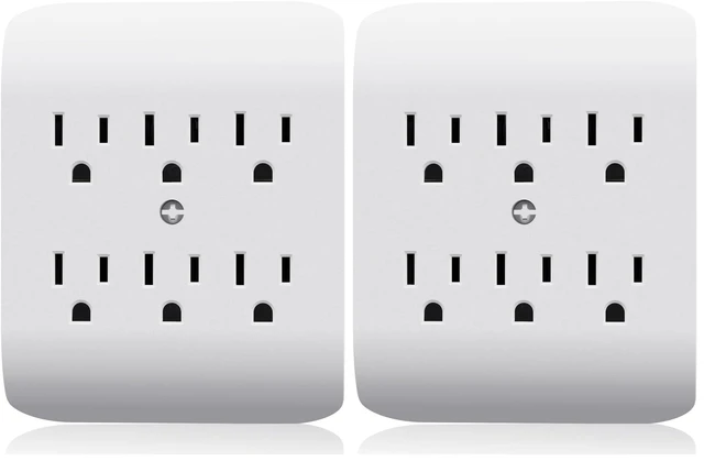 Main image of 6-Outlet Extender with Central Anchor, 3-Prong Grounded Wall Tab, Multiple Outlet Extender with 6 Electrical Outlets, ETL Listed, 2 Packs, White
