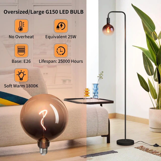 Alt view image 4 of 7 - Floor Lamp for Living Room - Minimalist Industrial Standing Lamp with Modern LED Bulb, Globe Black Clear Glass 6", 1800K Warm Ambiant Lighting Decorative Tall Floor Lamp for Bedroom Office