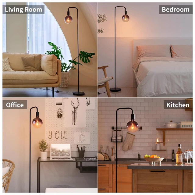 Alt view image 6 of 7 - Floor Lamp for Living Room - Minimalist Industrial Standing Lamp with Modern LED Bulb, Globe Black Clear Glass 6", 1800K Warm Ambiant Lighting Decorative Tall Floor Lamp for Bedroom Office