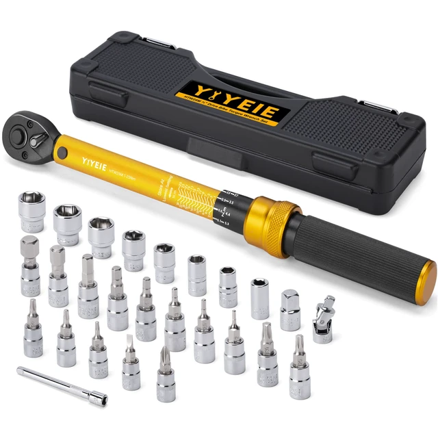 Main image of 1/4 Inch Drive Bike Torque Wrench, 1-25 Nm (10-222.5 in.lb) 27 PCS Click Bicycle Torque Wrench with Bit Sockets, 0.1 Nm Micro, 72-Tooth Ratchet, 3/8 Adapter, for MTB, E-Bike, Motorcycle