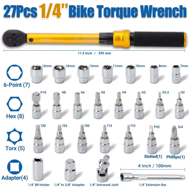 Alt view image 3 of 7 - 1/4 Inch Drive Bike Torque Wrench, 1-25 Nm (10-222.5 in.lb) 27 PCS Click Bicycle Torque Wrench with Bit Sockets, 0.1 Nm Micro, 72-Tooth Ratchet, 3/8 Adapter, for MTB, E-Bike, Motorcycle