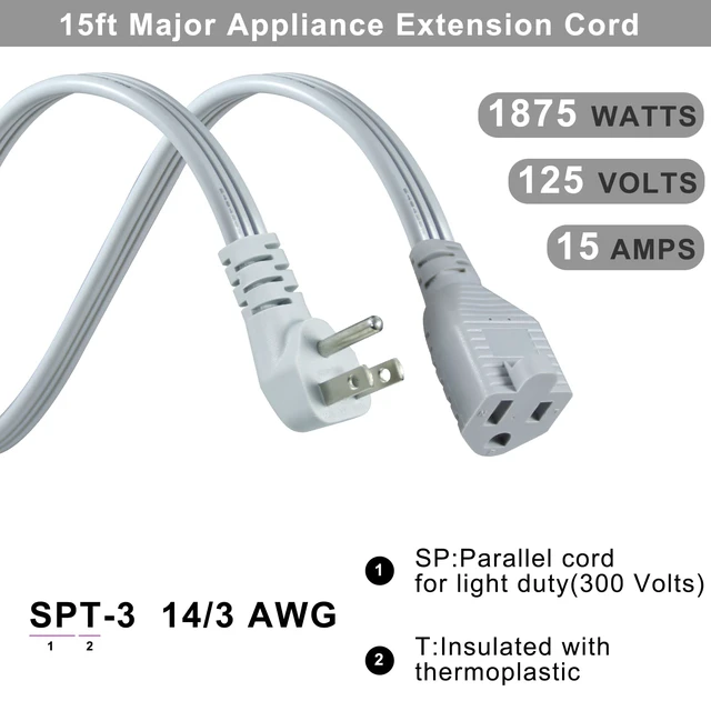 Alt view image 3 of 7 - Appliance Power Extension Cord - 3 Prong Flat Wire SPT-3 14 AWG Heavy Duty Male to Female Extender Low Profile Grounded Cable for Major AC Unit, Air Conditioner, Refrigerator (15 Feet)