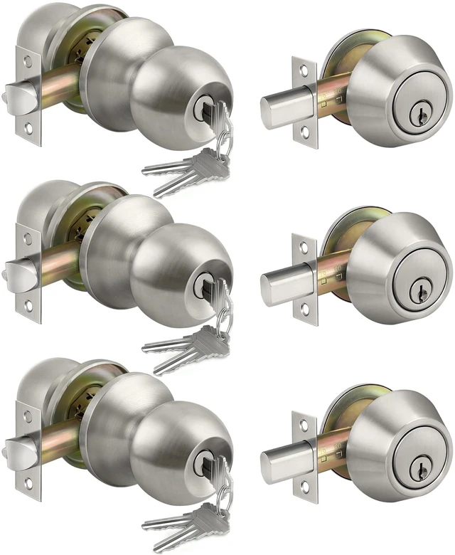 Main image of 3 Pack Keyed Alike Exterior Door Knob with Key Lock and Deadbolt Front Door Knob with Single Cylinder Deadbolt Lock, Brushed Nickel Reversible Knob for Bedroom, Adjustable Latch