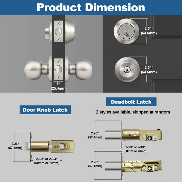 Alt view image 2 of 7 - 3 Pack Keyed Alike Exterior Door Knob with Key Lock and Deadbolt Front Door Knob with Single Cylinder Deadbolt Lock, Brushed Nickel Reversible Knob for Bedroom, Adjustable Latch