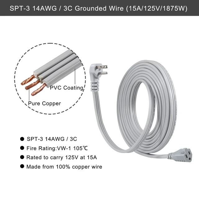 Alt view image 4 of 7 - Appliance Power Extension Cord - 3 Prong Flat Wire SPT-3 14 AWG Heavy Duty Male to Female Extender Low Profile Grounded Cable for Major AC Unit, Air Conditioner, Refrigerator (15 Feet)
