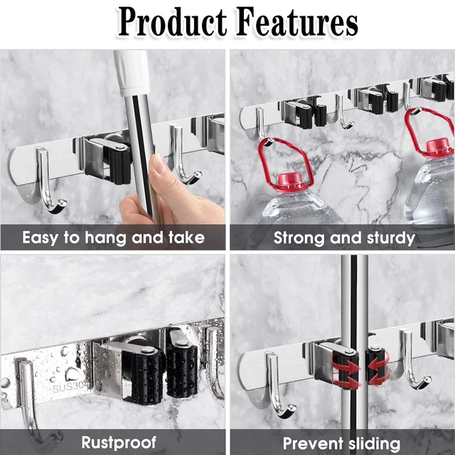 Alt view image 2 of 7 - Broom Holder Wall Mount, 3 Racks 4 Hooks Heavy Duty Mop Organizer Mop Holder Wall Mount and Broom Hanger for Garage, Laundry Room, Kitchen and Utility Storage
